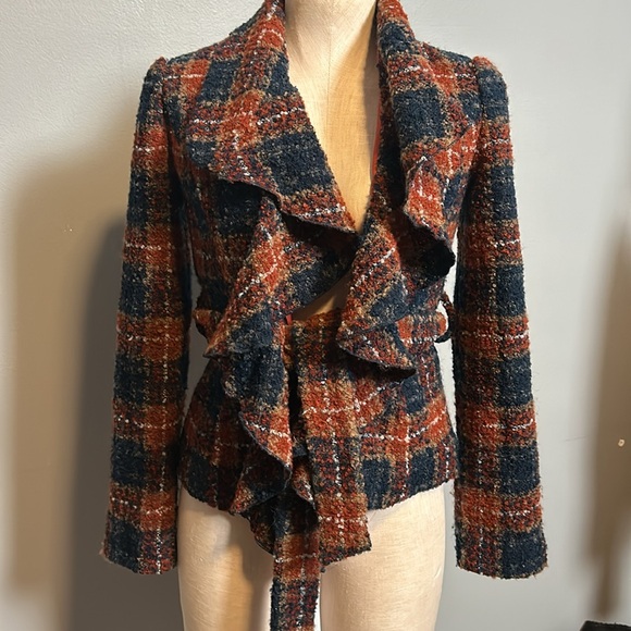 Anthropologie Tabitha Blue Waist Tie Tweed Ruffle Collar Plaid Wool Blazer Sze 0 - Picture 13 of 16